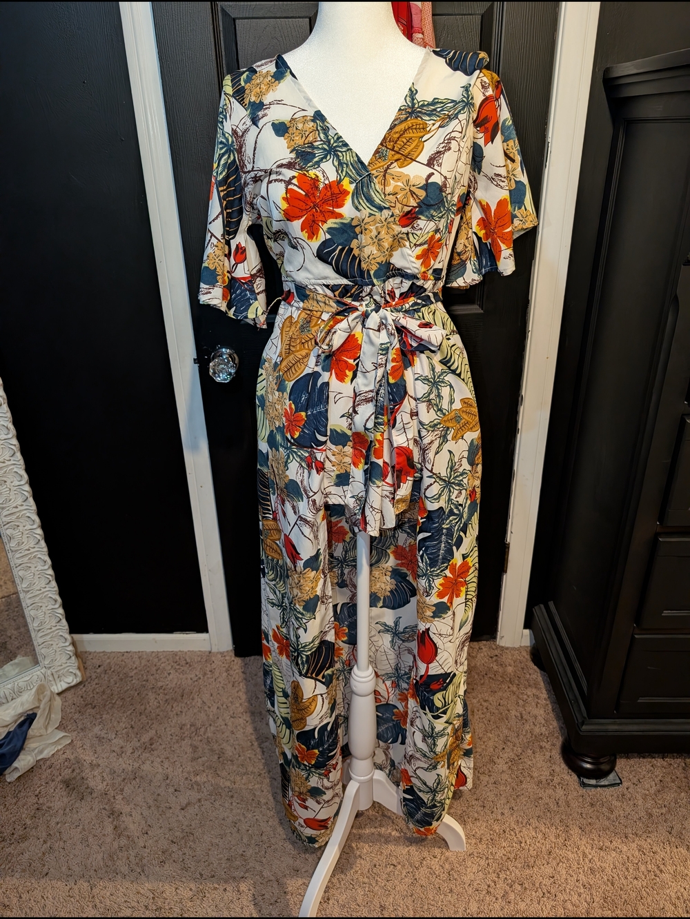 True Destiny Cream Floral Wrap Jumpsuit with Tie Waist